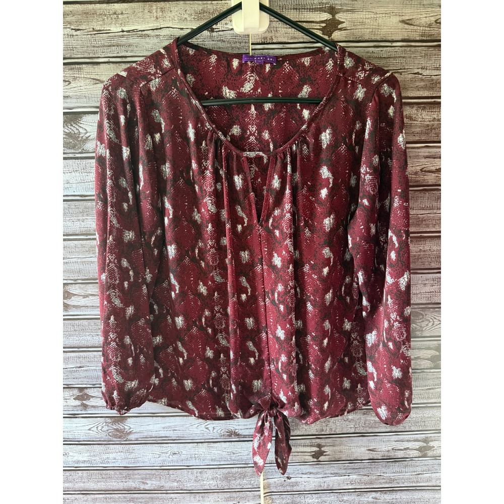 West Kei Women's Long-Sleeved Blouse Size M Burgundy Cutout Tie Front